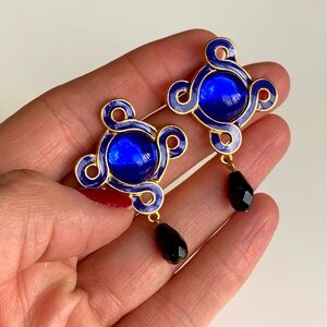 Vintage Blue Enamel & Gold Tone Statement Dangle Earrings w/ Black Glass Drops